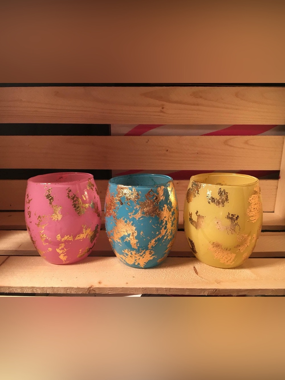Decorative Gold-Accent Pink, Blue & Yellow Votive Set